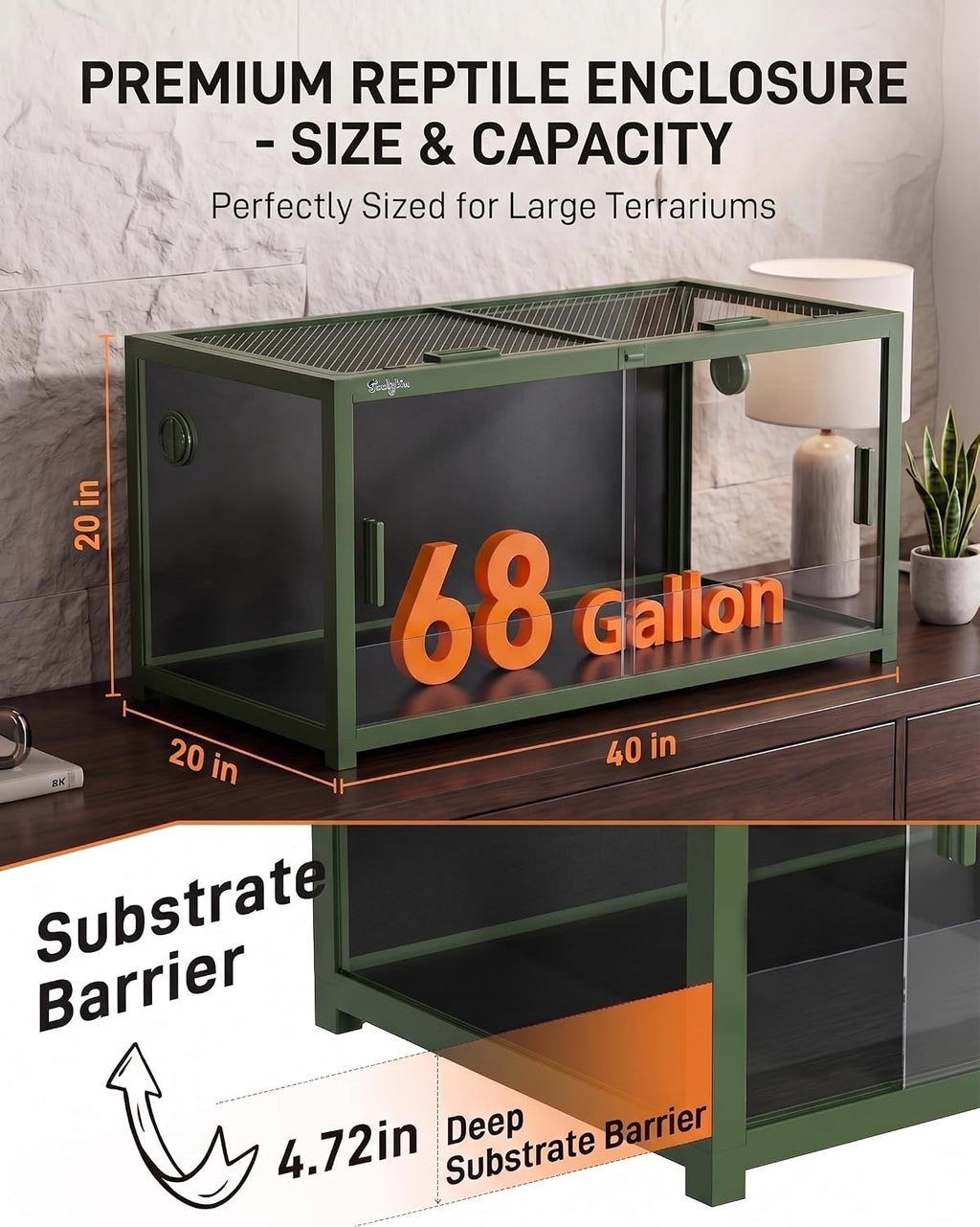 68 Gallon Reptile Tank, Reptile Enclosure Front Sliding Door | Stackable ventilation reptile terrariums Tank