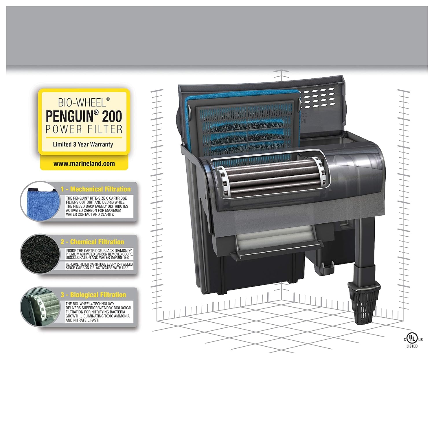 Bio-Wheel Penguin 200 GPH Power Aquarium Filter, Ultra-Quiet Hang-On-Back Fish Tank Filter with Multi-Stage