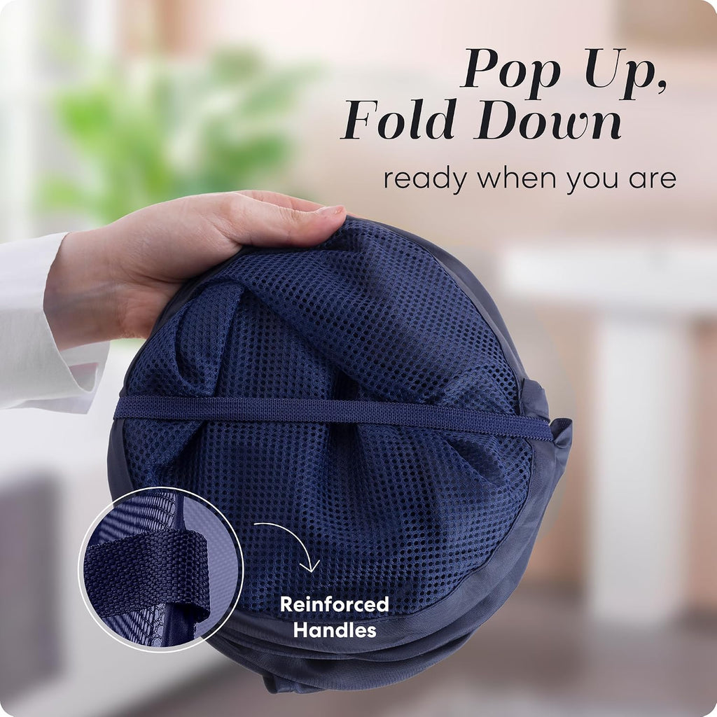 Collapsible Mesh Foldable Hamper 14" x 14' x 24" Navy Blue | Collapsible Mesh Pop Up Hamper, Wide Opening, Side