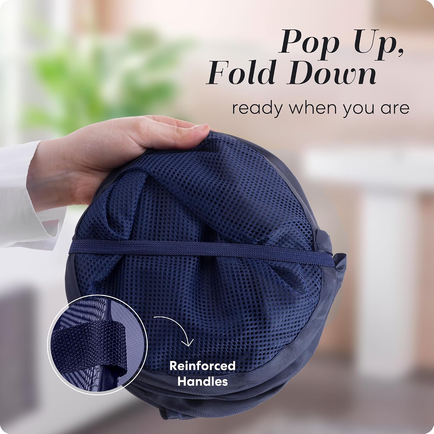 Collapsible Mesh Foldable Hamper 14" x 14' x 24" Navy Blue | Collapsible Mesh Pop Up Hamper, Wide Opening, Side