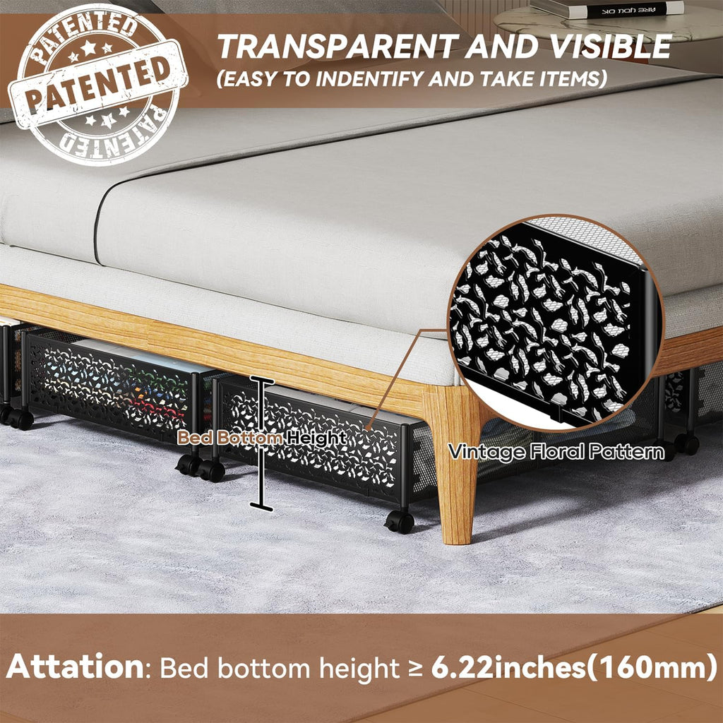 Under Bed Storage Containers with Wheels, Under Bed Shoe Storage Organizer Drawer, Tool-free Assembly Metal Storage