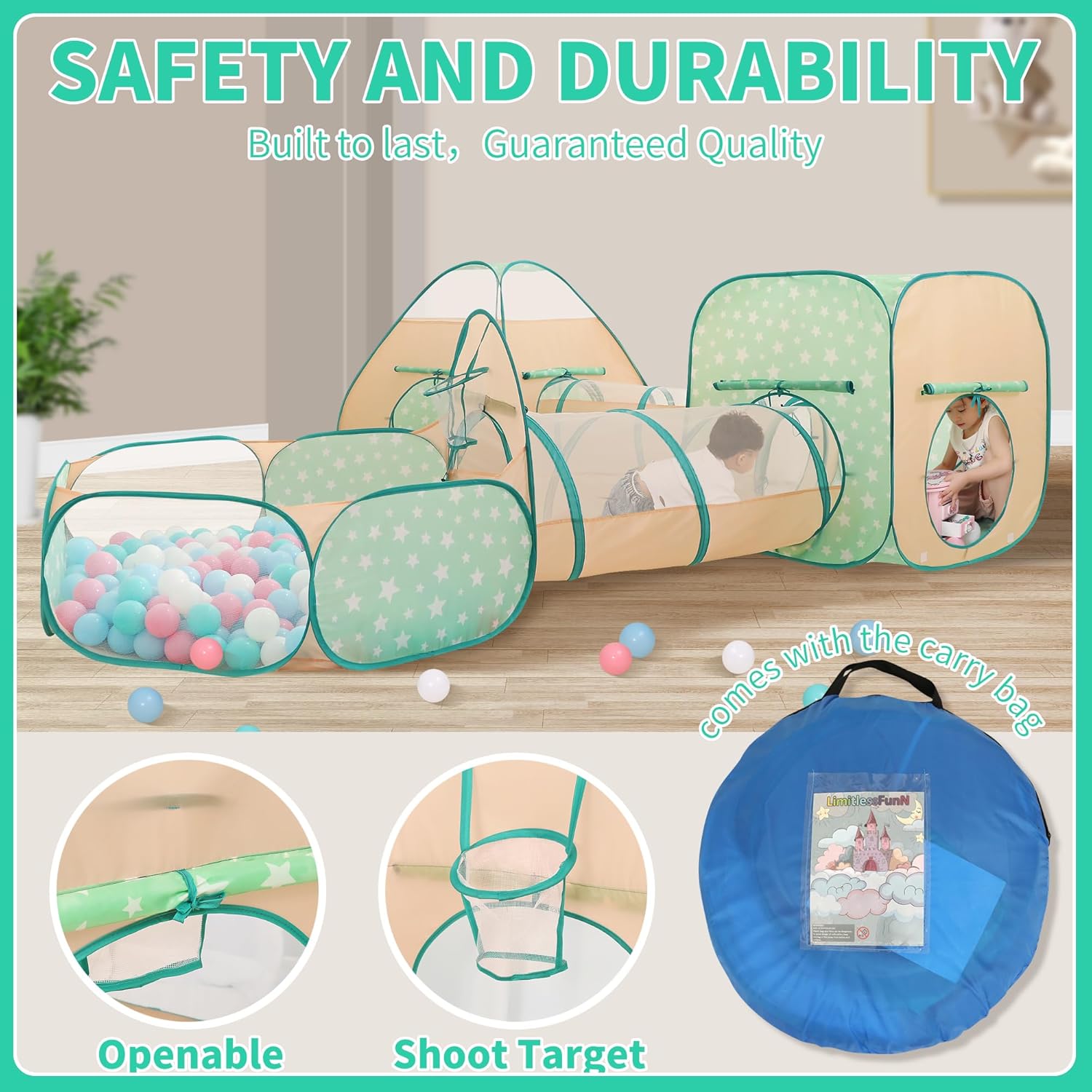 5PC Pop Up Kids Tent, Crawl Tunnel, Ball Pit, Children's Play House Toy