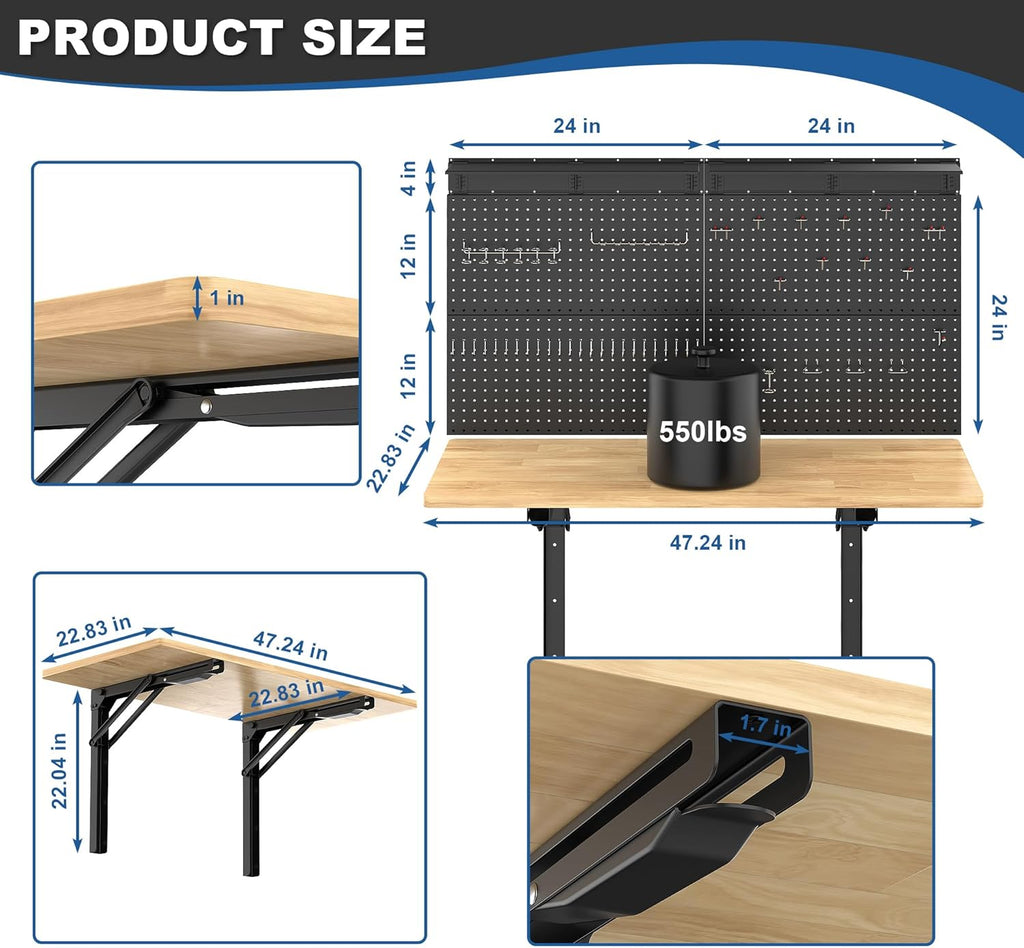 Wall Mounted Workbench with Pegboard, Folding Down Work Table | Metal Pegboard Wall Organizer for Garage Storage