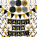 Happy New Year Set Black Banner with Gold Black Paper Flag Bunting Swirl Streamers & Pom Poms for Happy New Year