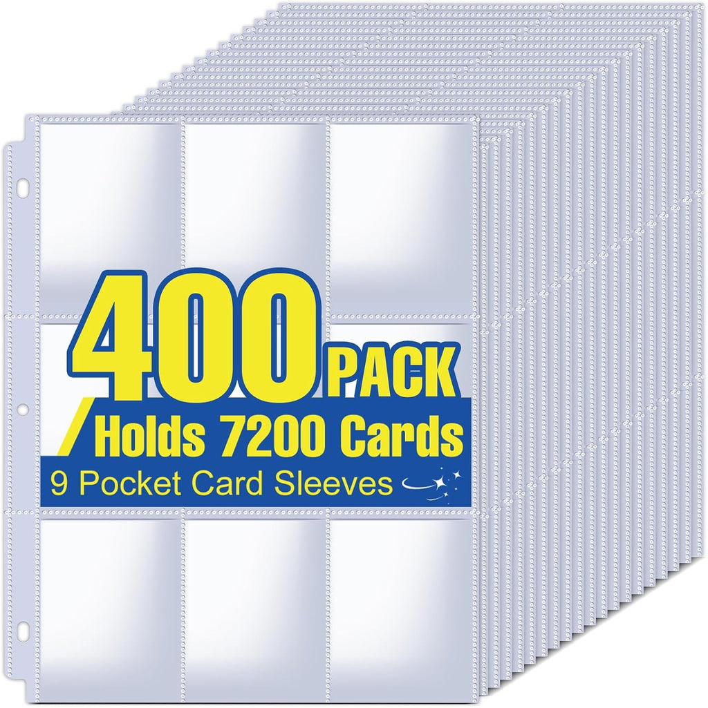 400 Pack Card Sleeves Binder Sheets, Holds 7200 Cards | 9 Pocket Card Sleeves for 3 Ring Binder, Trading Cards