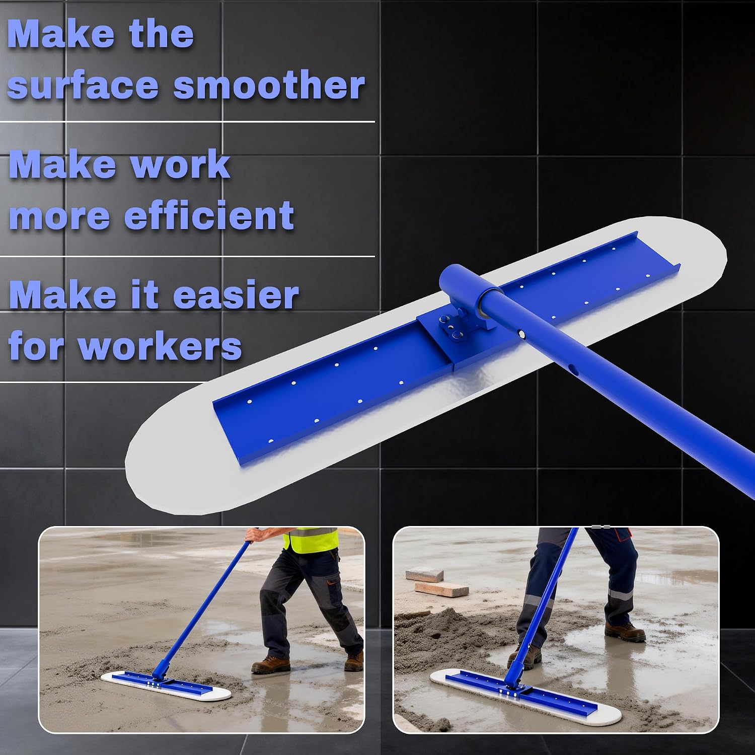 48" x 8" Concrete Bull Float Kit, Stainless Steel, 47" Adjustable Handle | Round End Finishing Trowel, Heavy Duty