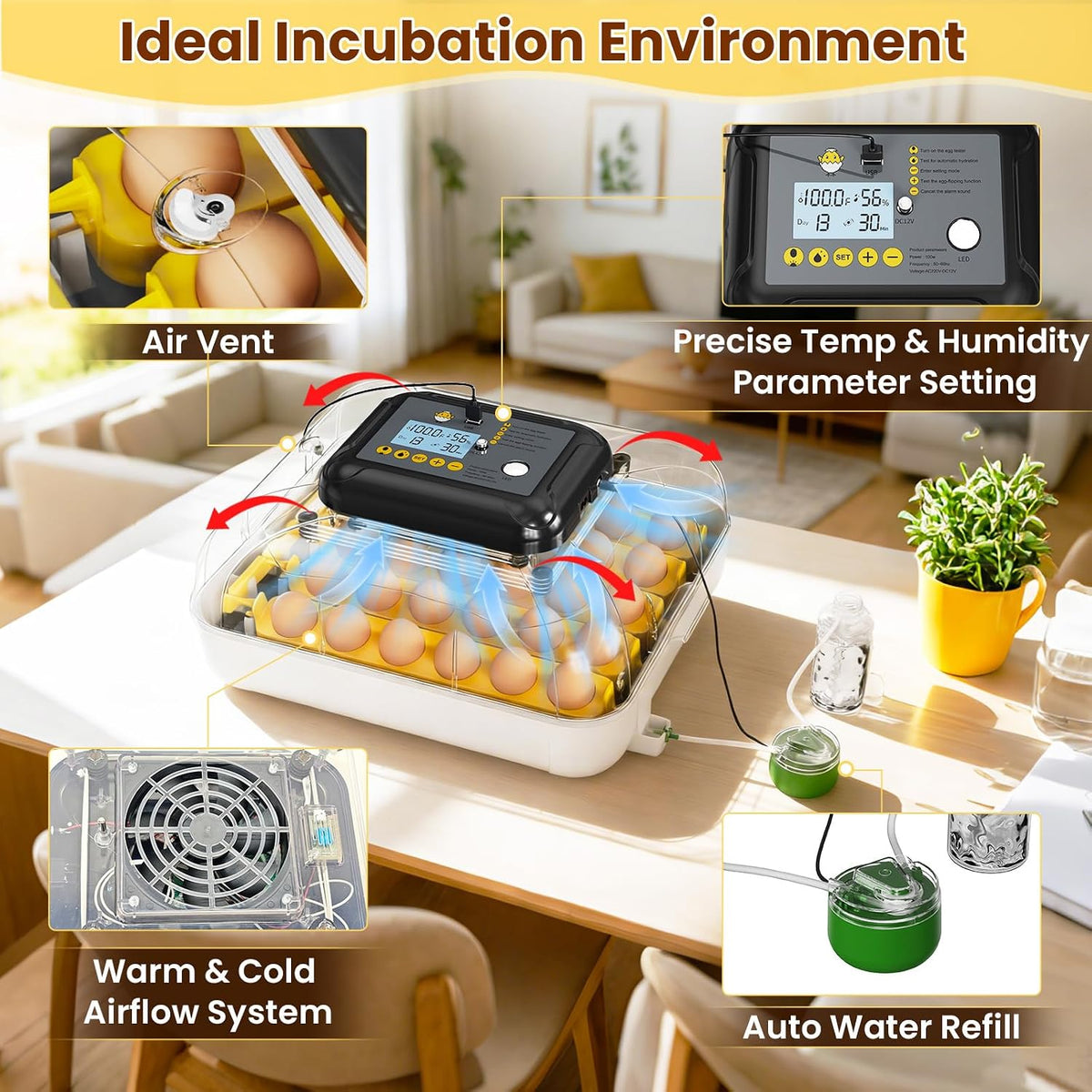 Incubators for Hatching Eggs, 30 Chicken Eggs Incubator with Automatic Egg Turning, Dual Power Supply, Egg Candler