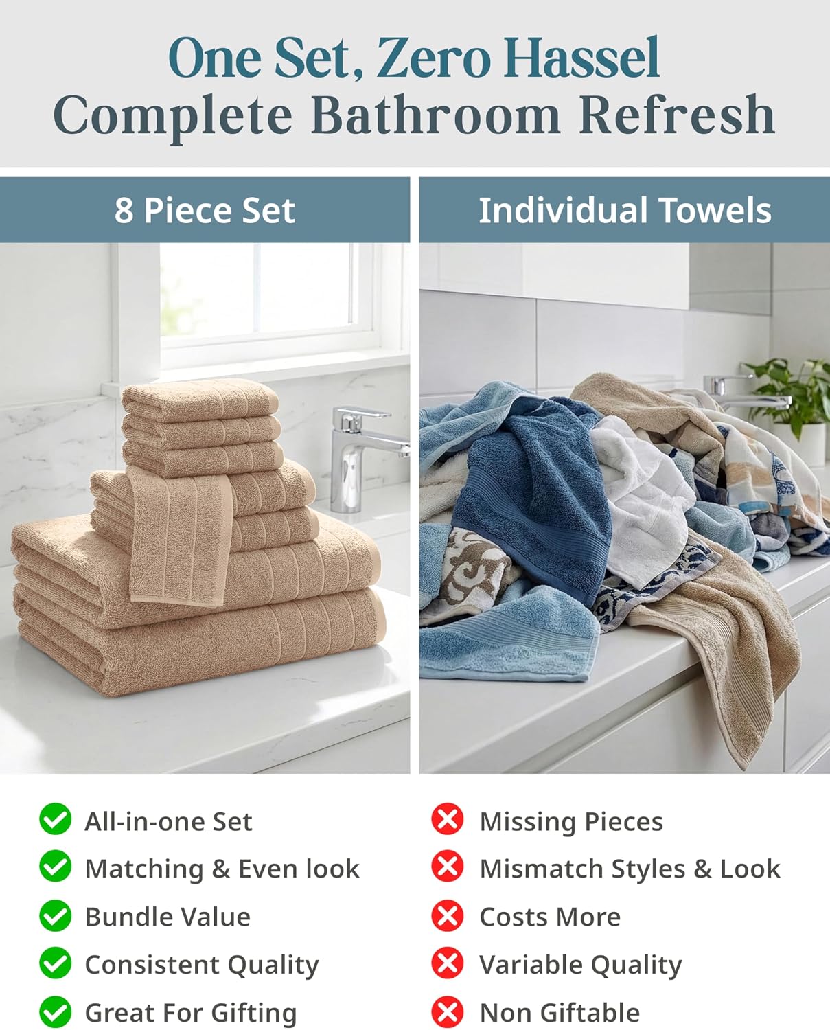 Bath Towel Set 100% Cotton 8 Piece Soft Absorbent - Beige | Shower Towels - Generously Sized, Oversized & Roomy