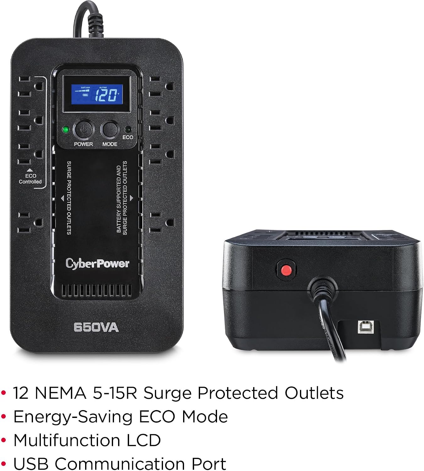 EC650LCD Ecologic UPS Battery Backup and Surge Protector | 650VA/390W, 8 Outlets, ECO Mode, Compact, UL Certified