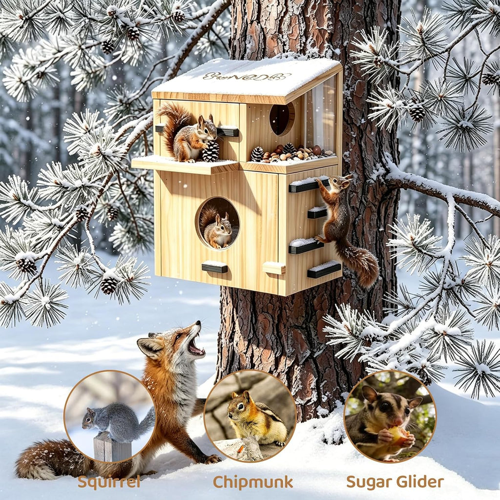 Large Wooden Squirrel House for Outside with Window Dual Balconies