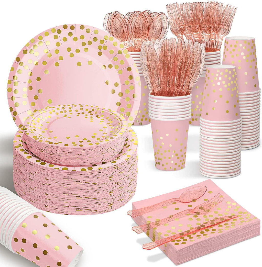 Pink Gold Paper Plates, 175PCS Disposable Dinnerware Set for 25 Guests