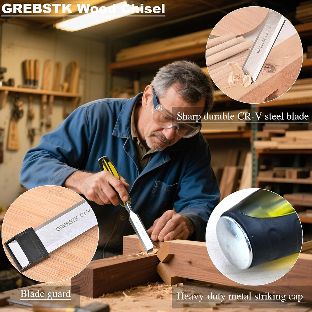 4 Piece Wood Chisel Set CR-V Steel Sharp Bevel Edge for Woodworking | Chromium Vanadium, Durability. Ergonomic