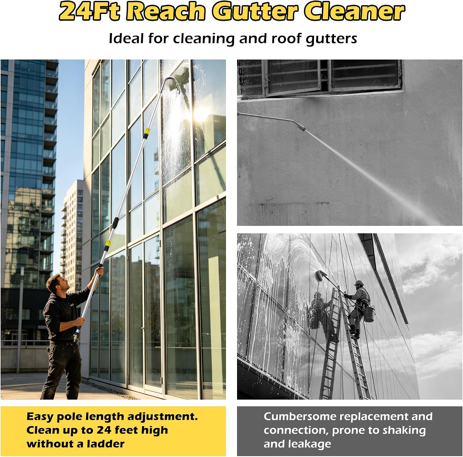 24FT Reach Telescopic Gutter Cleaning Tool, 8-15FT Gutter Cleaner from the ground with 360°Rotatable Duckbill Metal