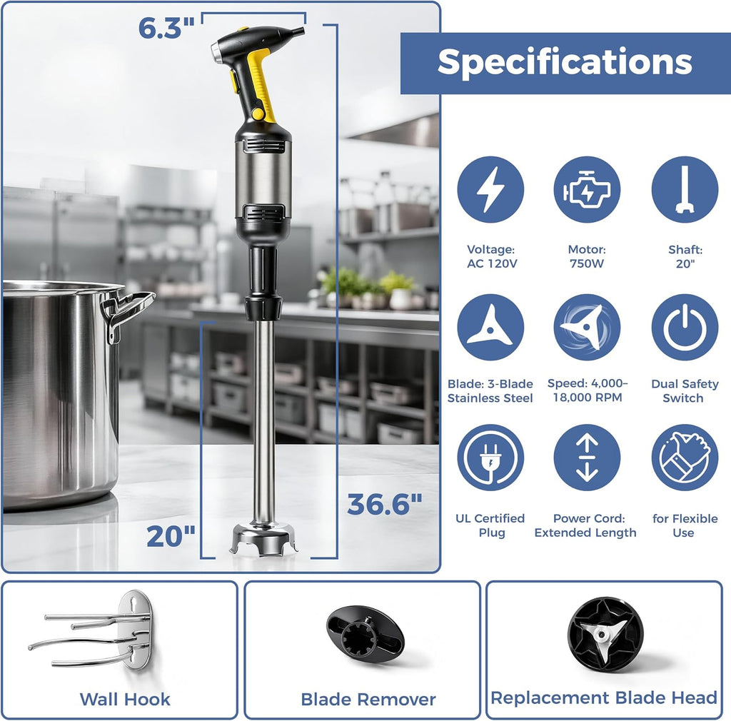 750W Commercial Immersion Blender, 20-Inch Variable Speed Hand Mixer