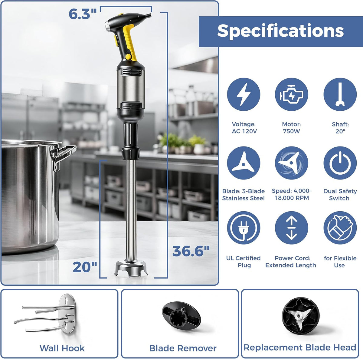 750W Commercial Immersion Blender, 20-Inch Variable Speed Hand Mixer