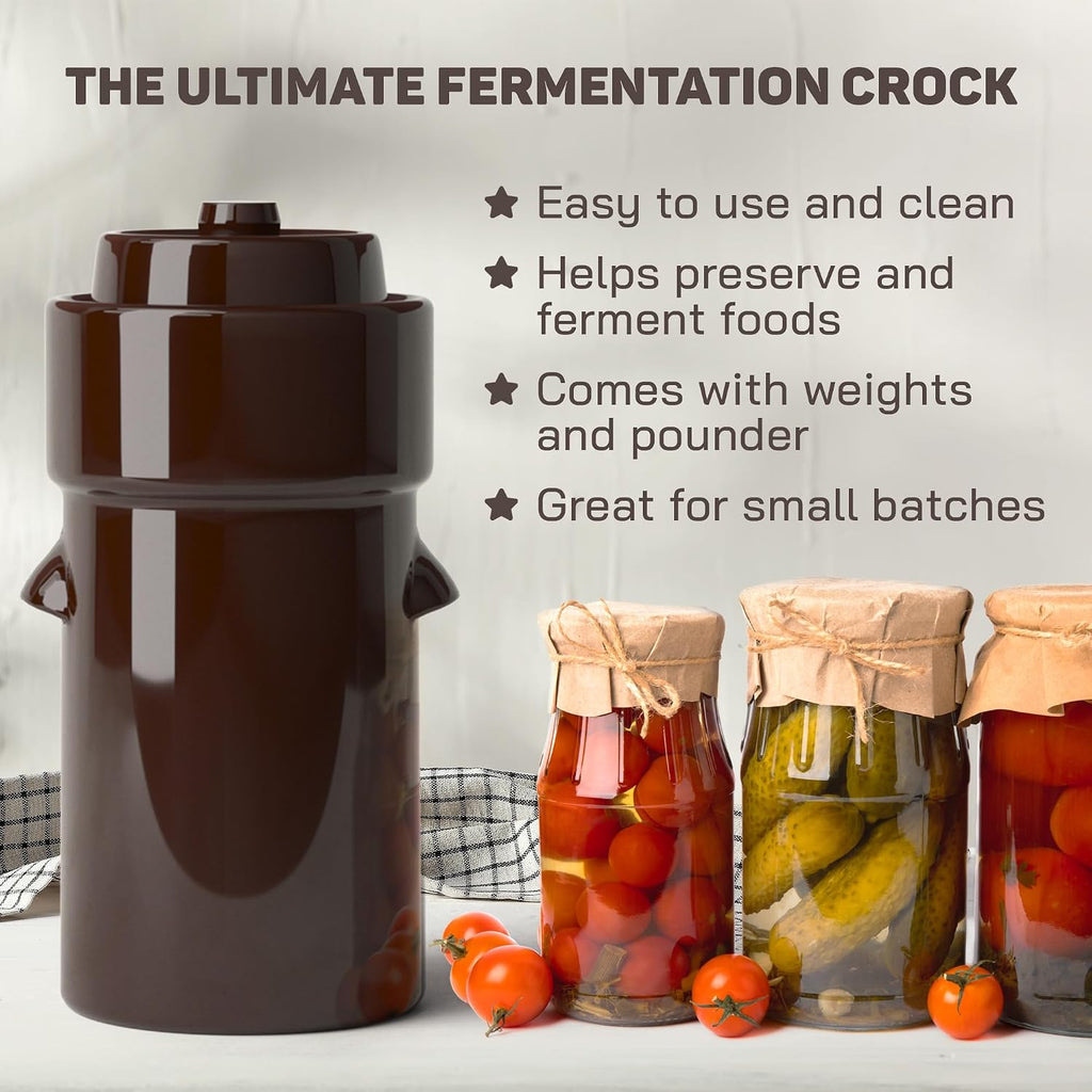 Fermentation Crock 1 Gallon - Sauerkraut Crock with Lid, Weights & Pounder | Ceramic Fermenting Crock Kit for