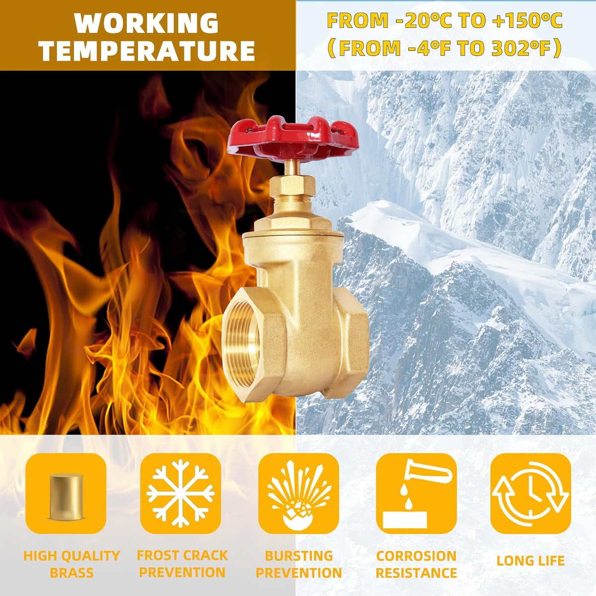 1" NPT Gate Valve, Heavy Duty, Brass, Female x Female Thread, DN25