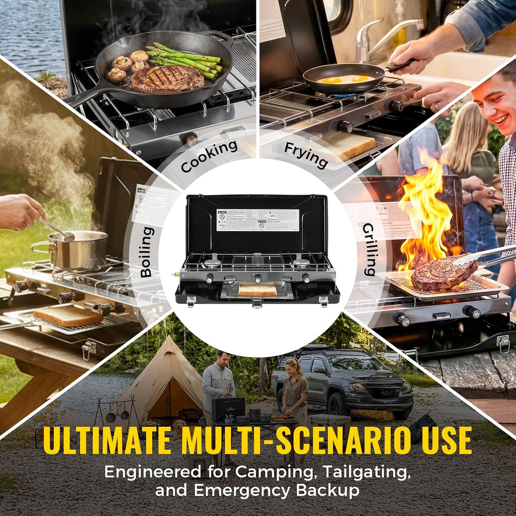 Camping Stove, Propane Portable Camp Stove, 20400BTU-3 Burners | With Toaster & Regulator, Push-Button Instant