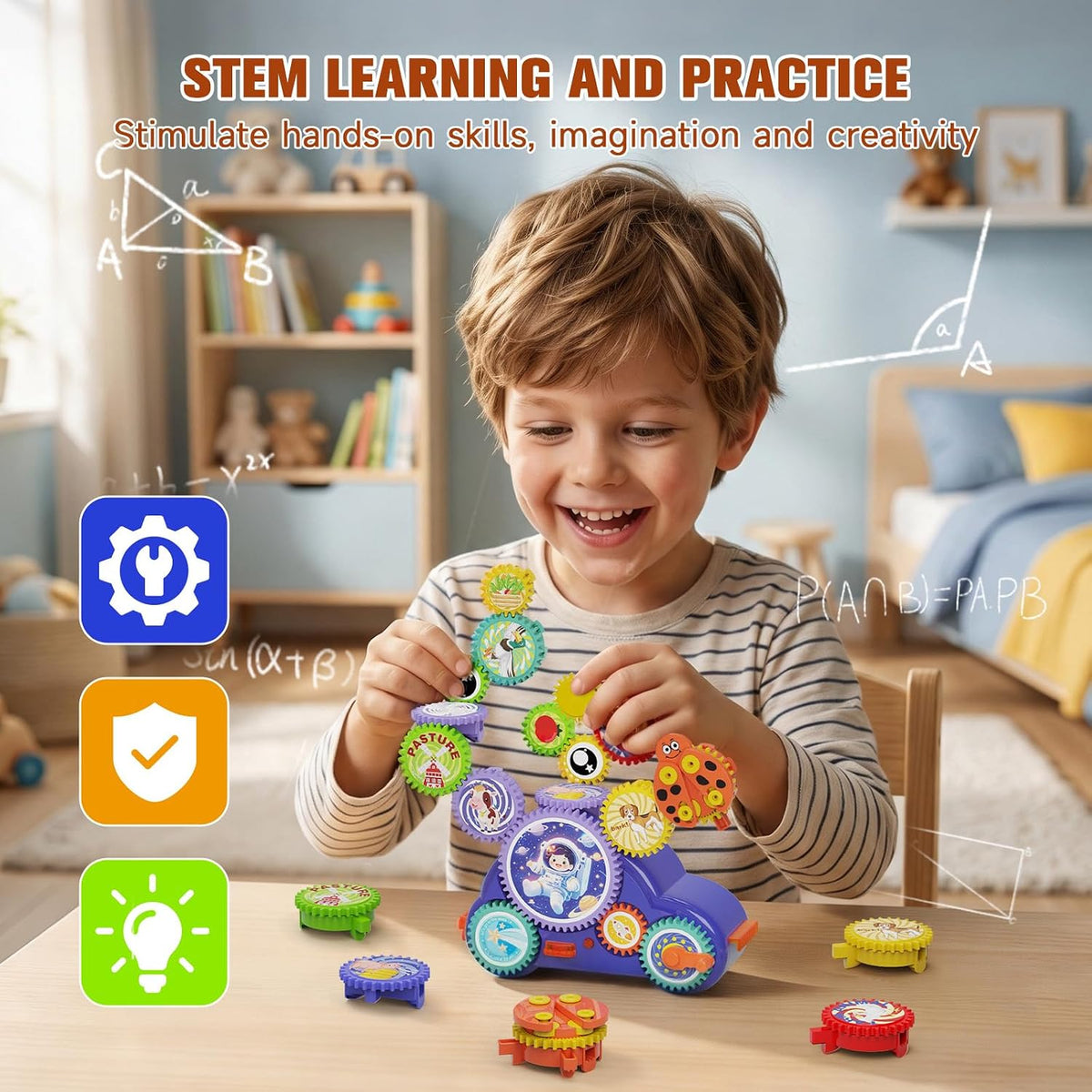 STEM Gear Building Toy for Kids Age 3+,13Pcs Creative Learning Building Blocks Set,2 Modes with Light &