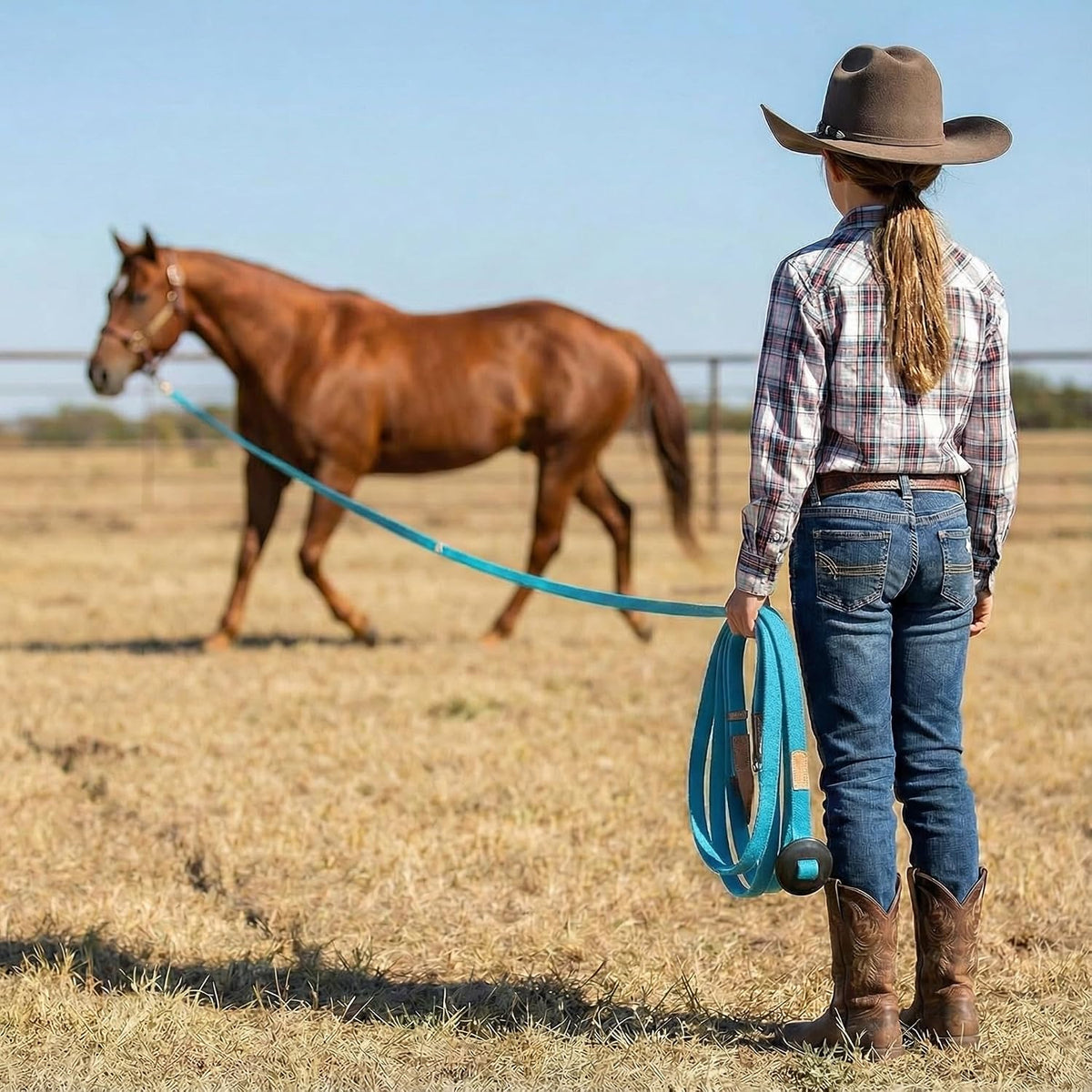 35' Flat Cotton Web Lunge Line with Bolt Snap & Rubber Stop - By Southwestern Equine (35', Turquoise)