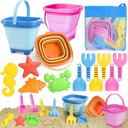 Beach Toys for Kids 3-10, Collapsible Sand Castle Toys for Beach Include 3 Pack Foldable Buckets, Shovels Molds and