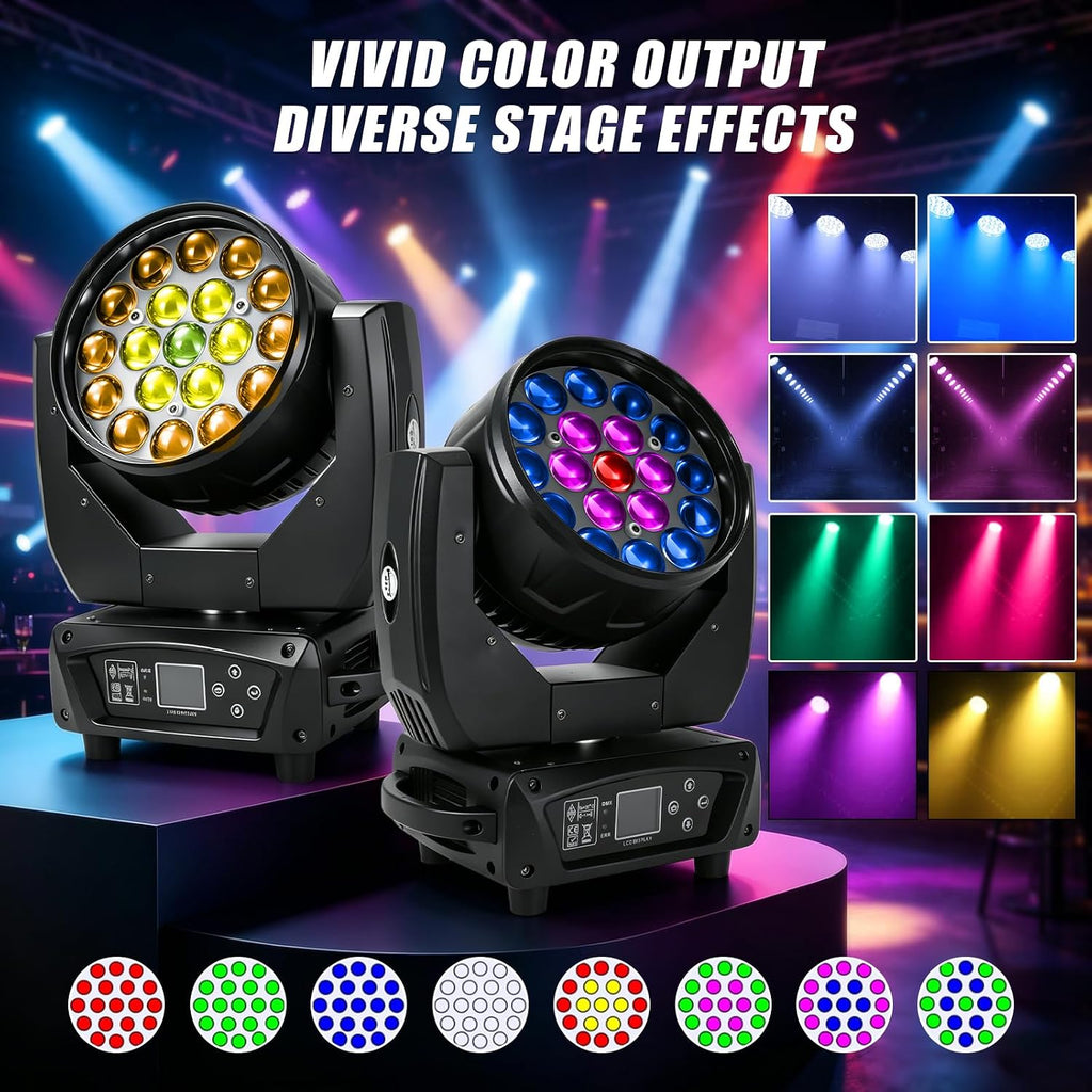 19x15W Moving Head DJ Light, RGBW Zoom LED Stage Lights | Beam/Wash/Zoom Stage Effects, Sound Active & DMX512