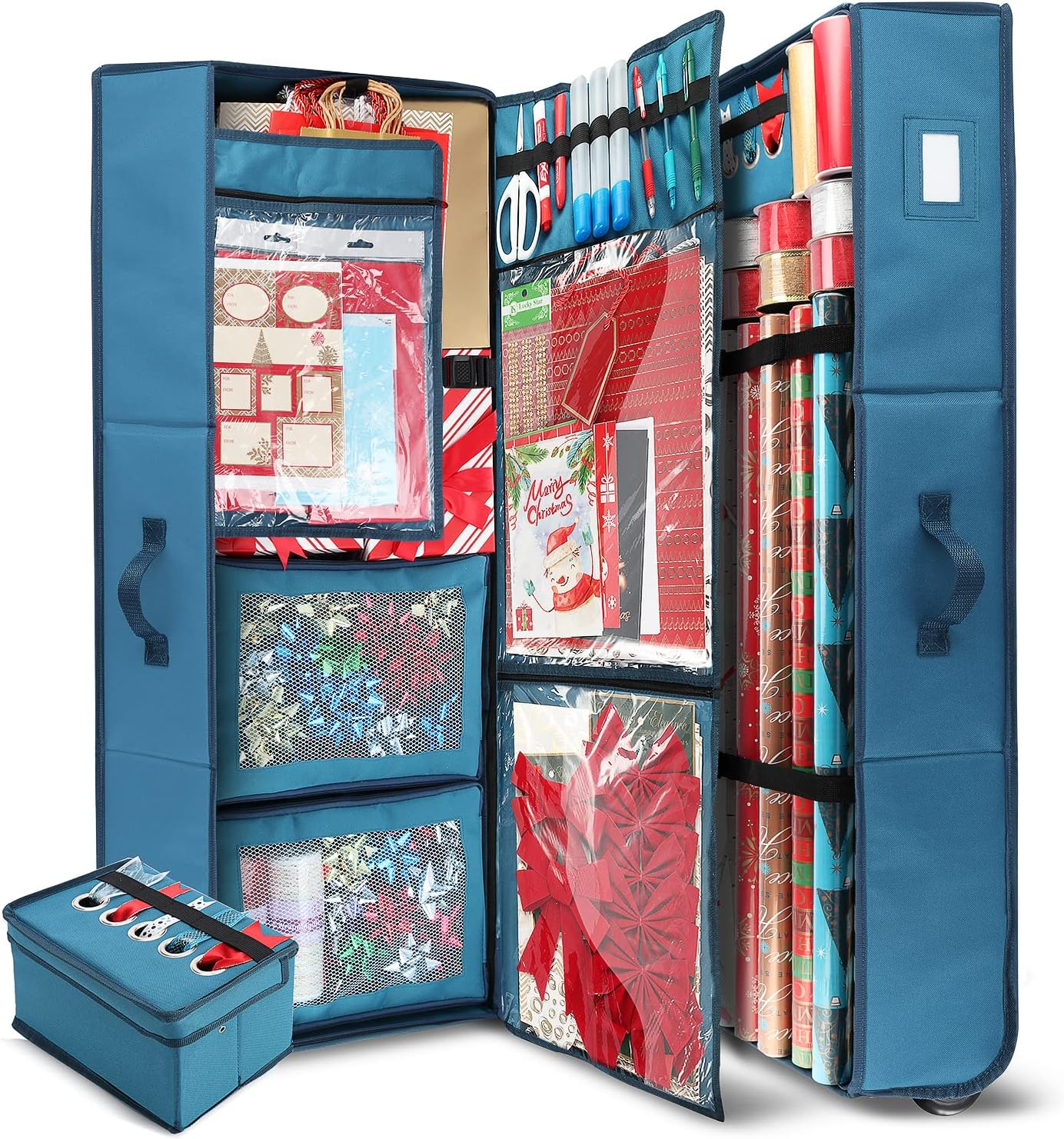 Wrapping Paper Storage Container with Ribbon Dispenser and Interior Pockets - Large Christmas Storage Containers with