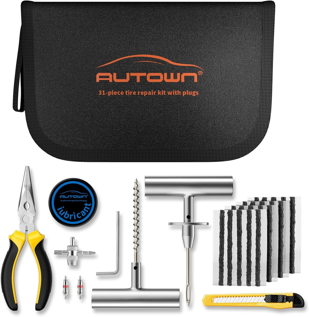 Flat Tire Repair Kit with Plugs 31pcs, Professional Tire Plug Kit | Universal Emergency Tools for Car, Motorcycle