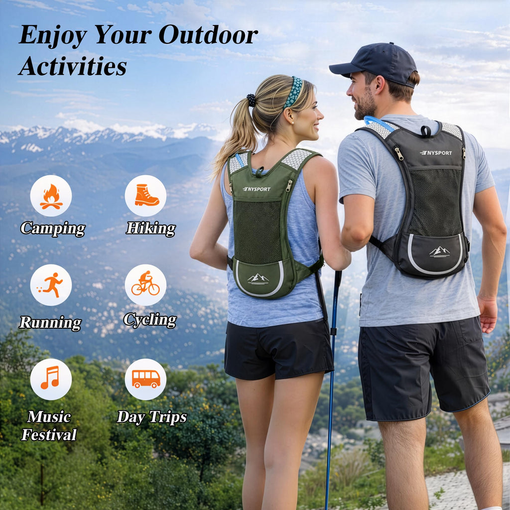 Lightweight 2 Pack Hydration Water Backpack with 2L Bladder, Green & Gray