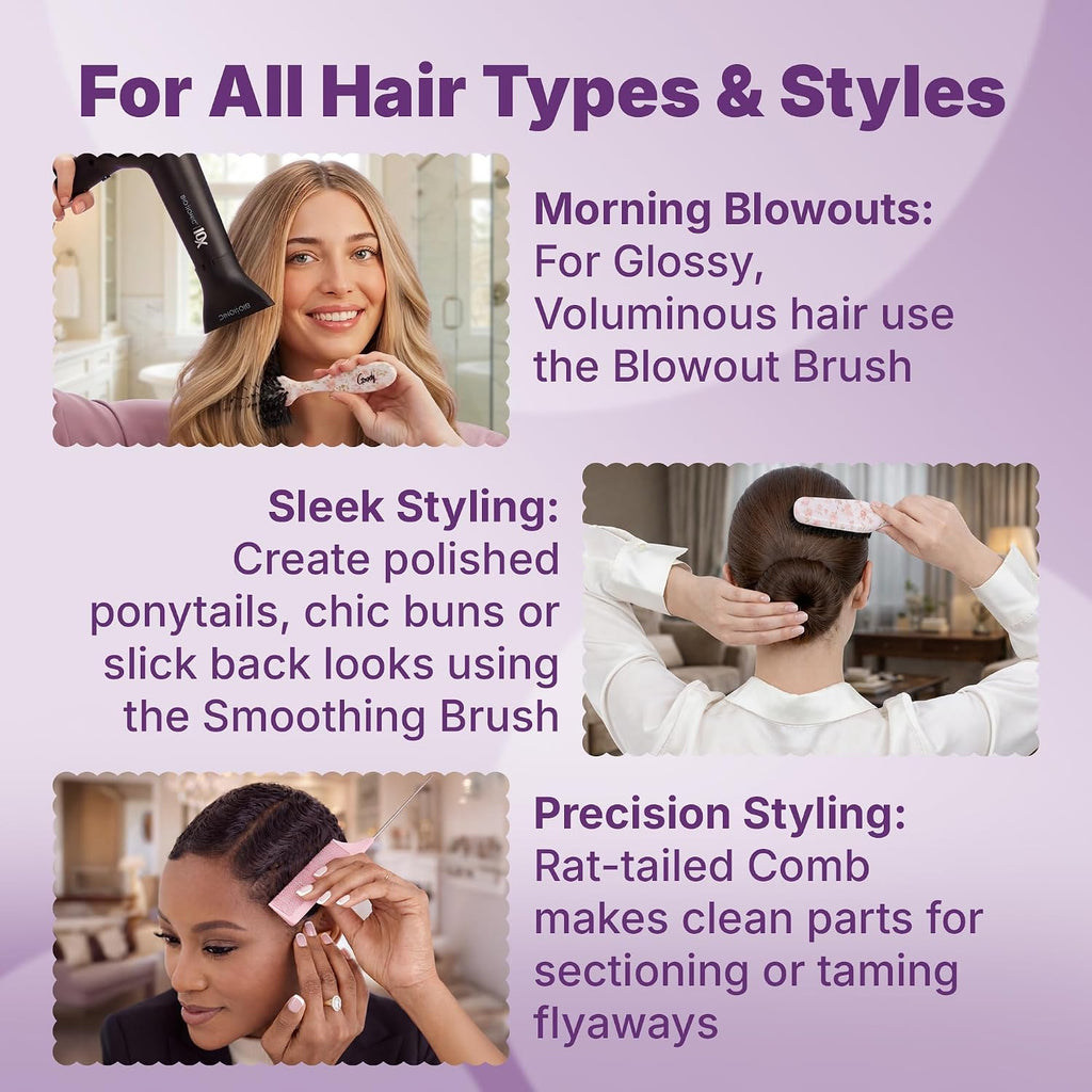 3-Piece Styling Hairbrush Set, Floral Pattern, Boar Bristle Smoothing Brush for Shine, Half-Round 180° Brush for