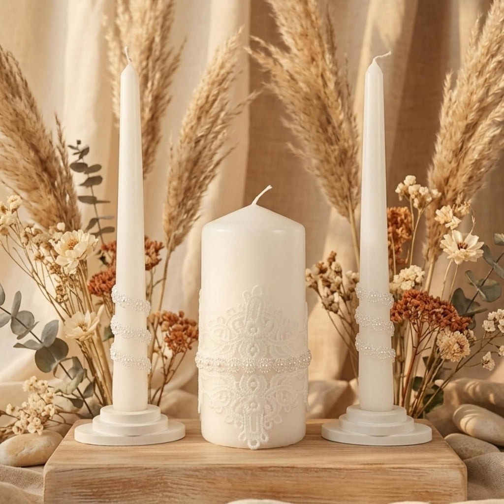 Lace Elegance Unity Candle Set for Wedding Ceremony & Reception, White Unity Candles with Pearl Decor, 6” Pillar &