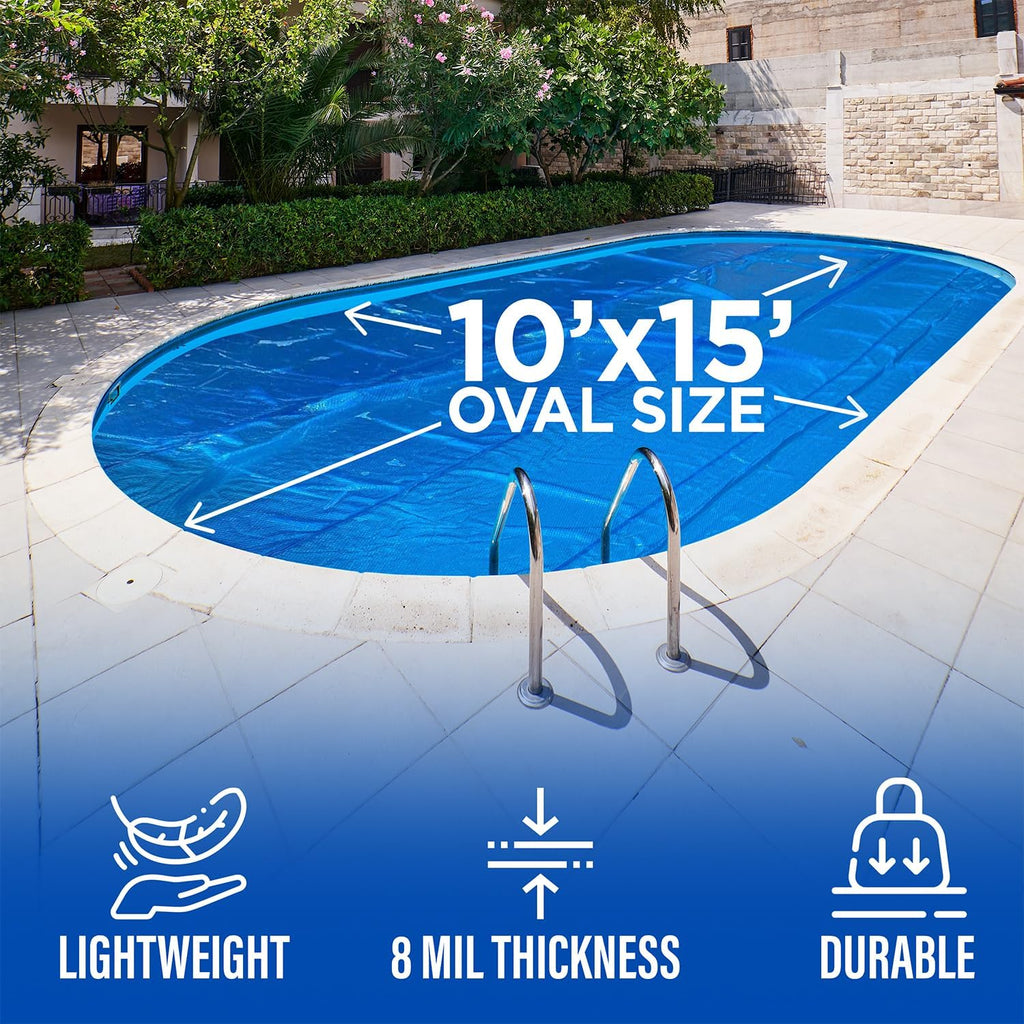 10' x 15' Oval Solar Cover for Inground and Above Ground Pools, 8 Mil - Premium Heavy Duty Solar Blanket for Above