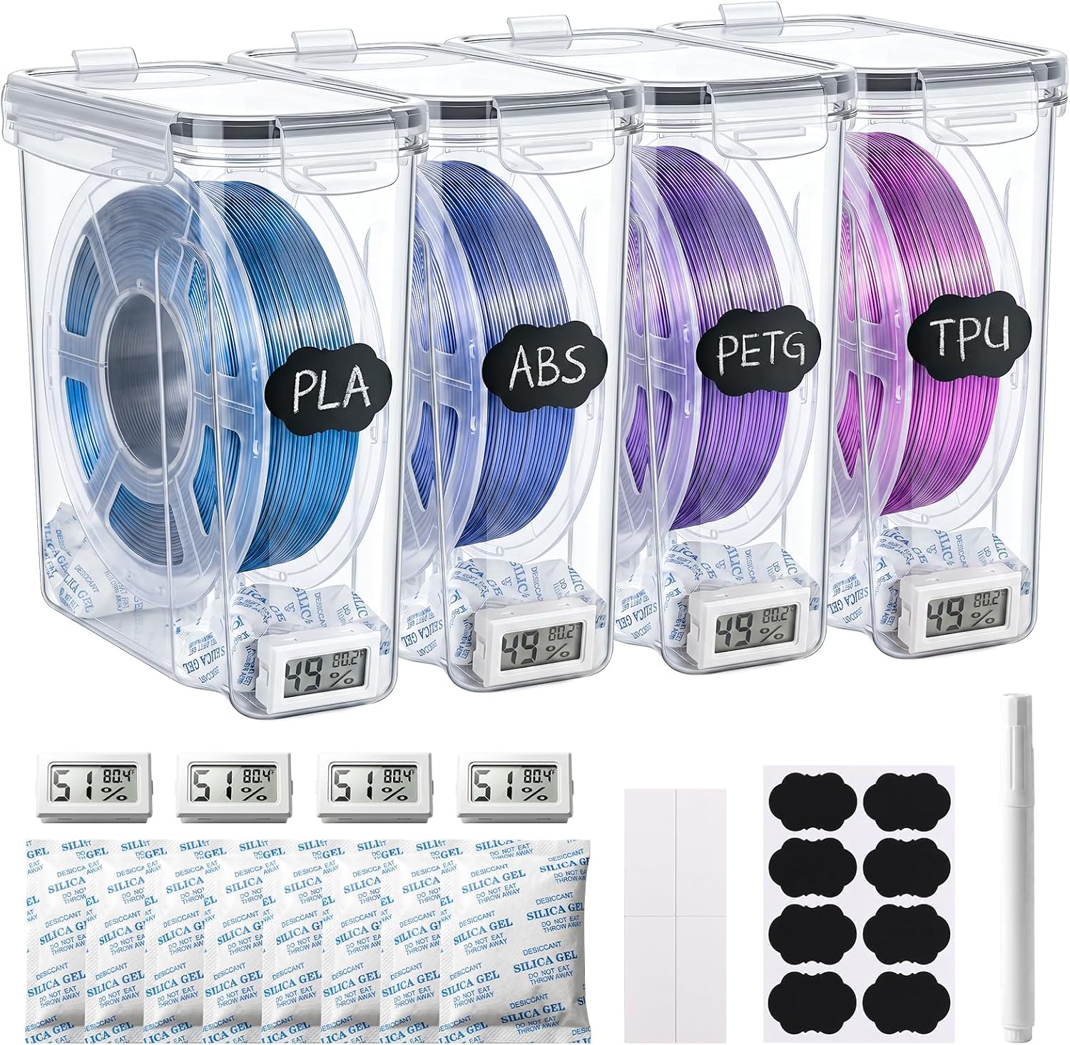 4-Pack Filament Storage Box with Digital Hygrometer, Airtight Dustproof 3D Filament Dry Box for 1kg 1.75mm PLA ABS