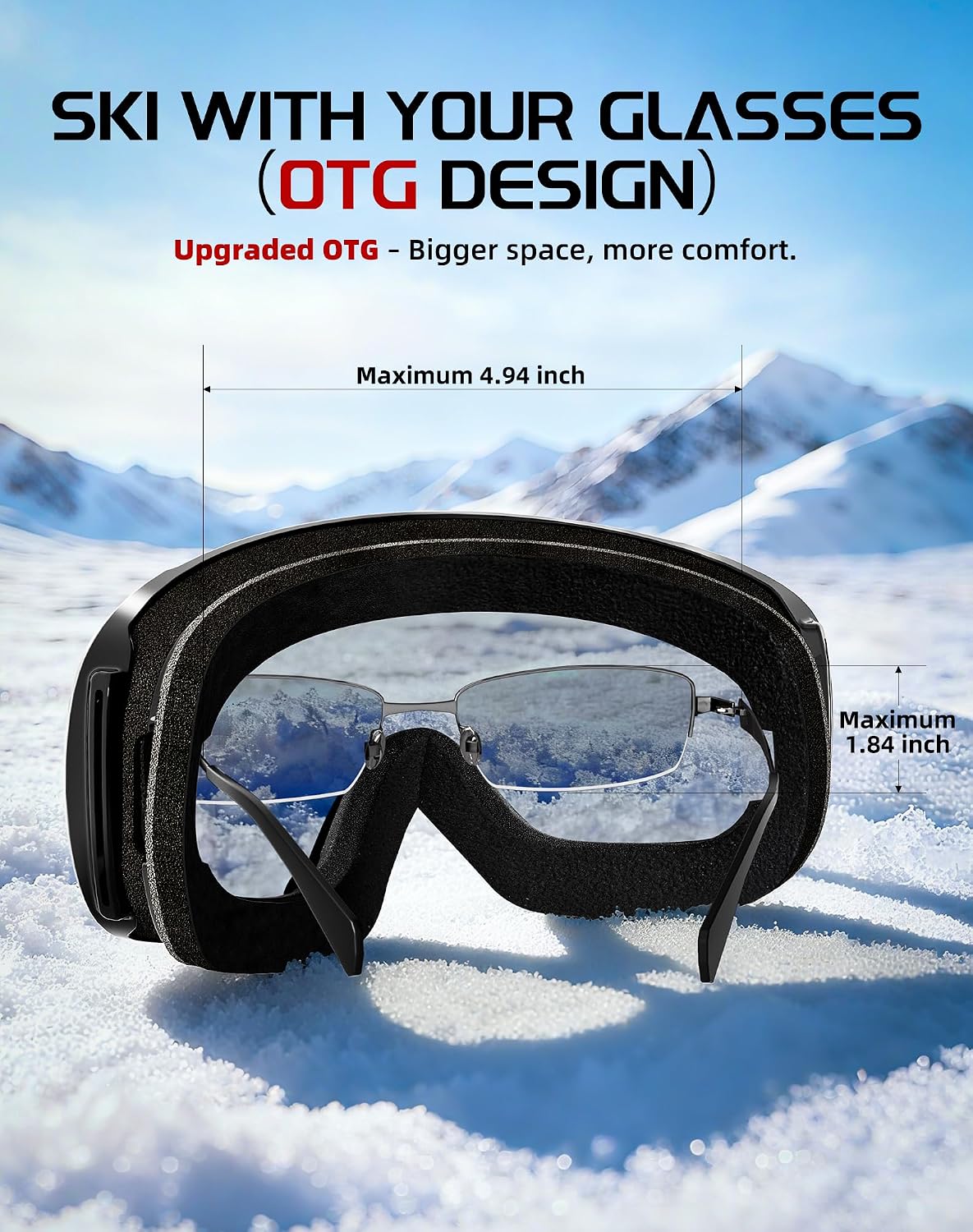 OTG Ski Goggles, Anti-Fog Snowboard Goggles for Men & Women | SGS-certified anti-fog lenses, OTG over-glasses design