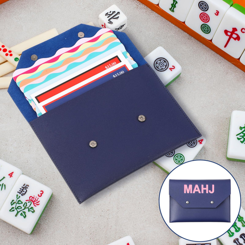 Leather Mahjong Card Holder Gift, Navy Blue, 9.5x6.8 Inch, Solid Color