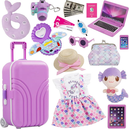 18 Inch Doll Suitcase Travel Luggage Play Set, Mermaid Theme Travel Carrier Storage Accessories for 18inch Doll