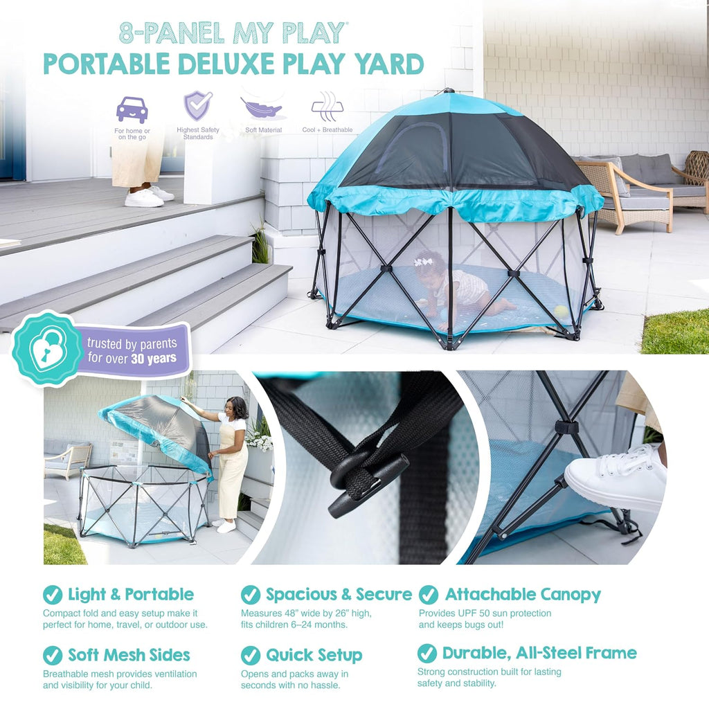 Safety My Play Deluxe Extra Large Baby Playpen & Portable Play Yard with Canopy, Foldable 8-Panel Indoor Outdoor