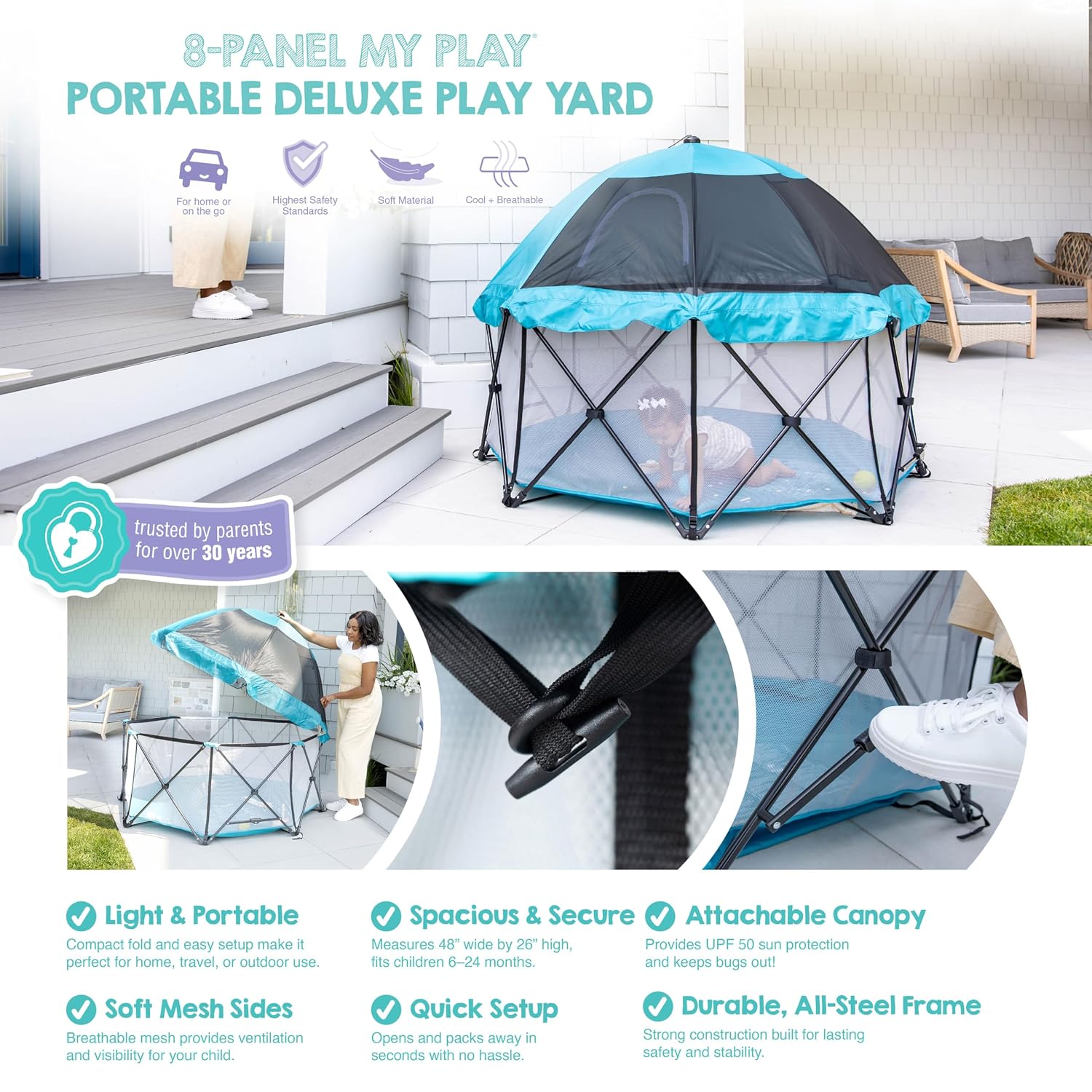 Safety My Play Deluxe Extra Large Baby Playpen & Portable Play Yard with Canopy, Foldable 8-Panel Indoor Outdoor