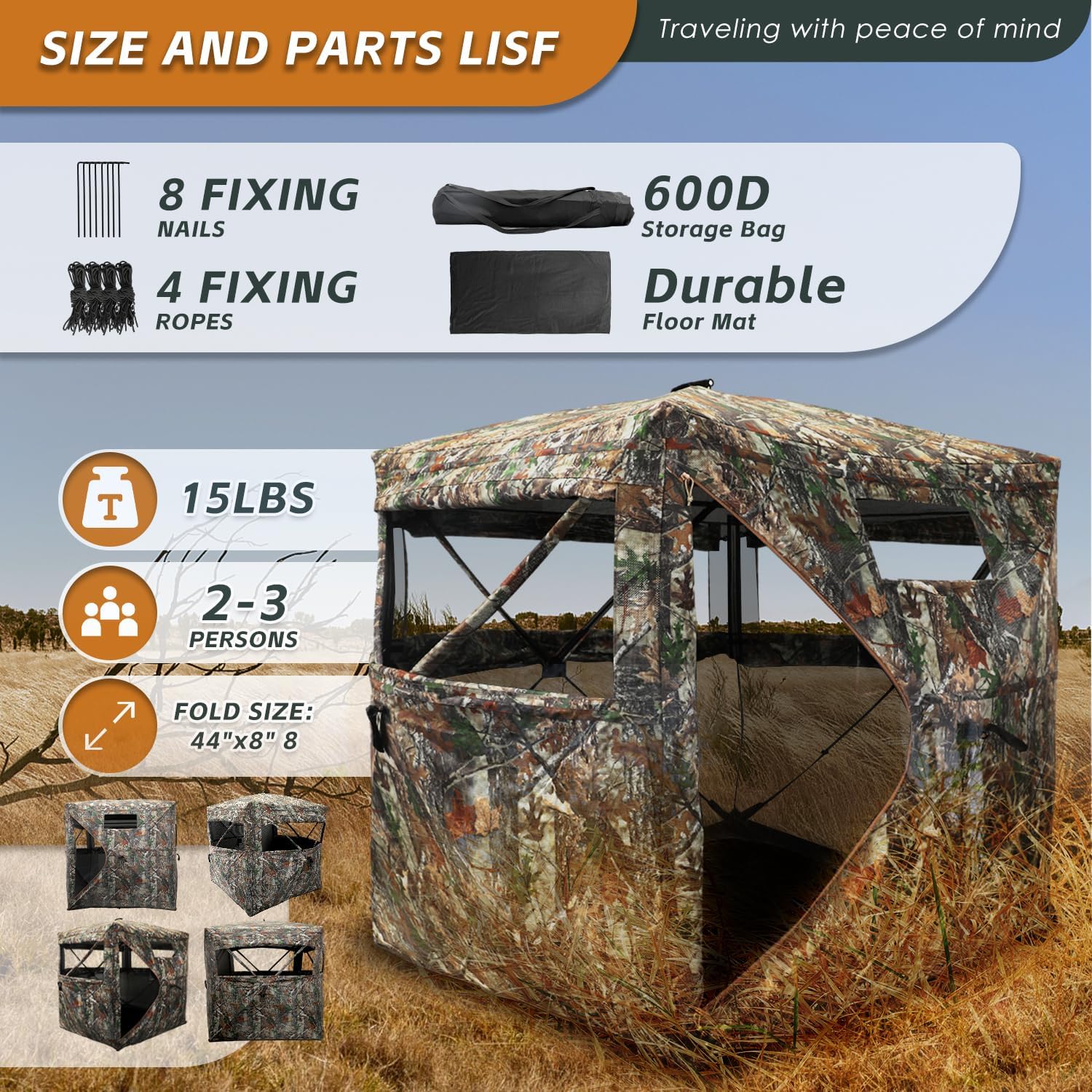 Hunting Blind with Floor Mat, 360 See Through Ground Blind, Pop Up | 2/3/4 Person Camouflage Tent, Portable Concealed
