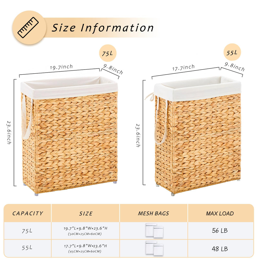 Slim Laundry Hamper, Handwoven Natural Water Hyacinth Basket
