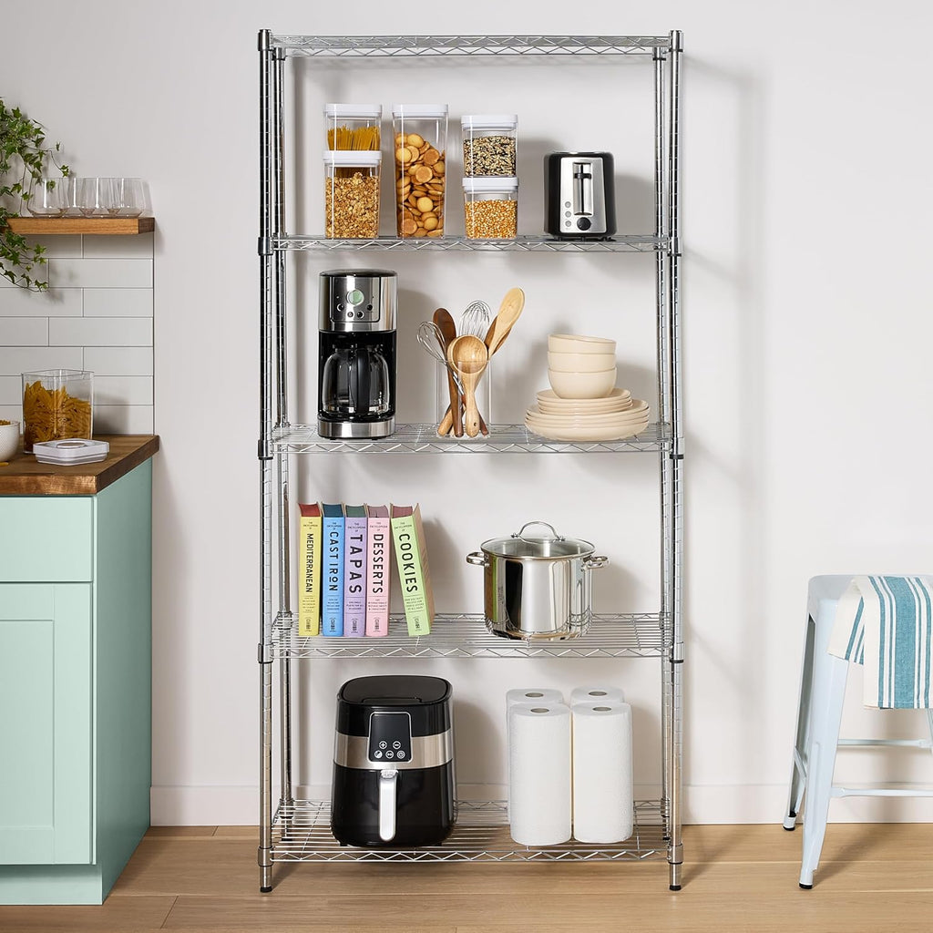 5-Shelf Adjustable Heavy Duty Steel Wire Rack, Space Saving Storage Shelving Organizer for Kitchen, Garage, No-Tool