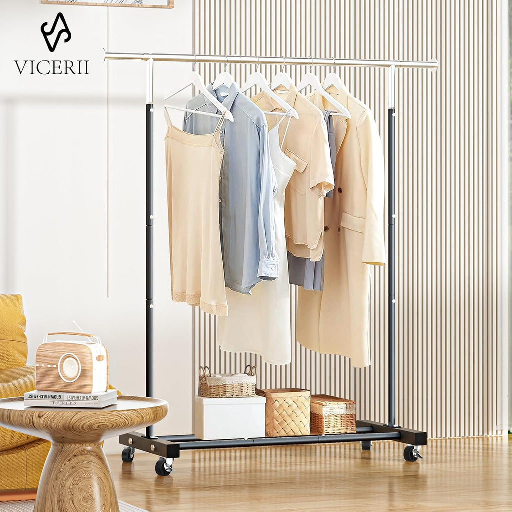 Clothing Rack, 55.51 Inch Heavy Duty Clothes Rack Rolling Garment Rack with Wheels and Bottom Shelf, 130LB Capacity