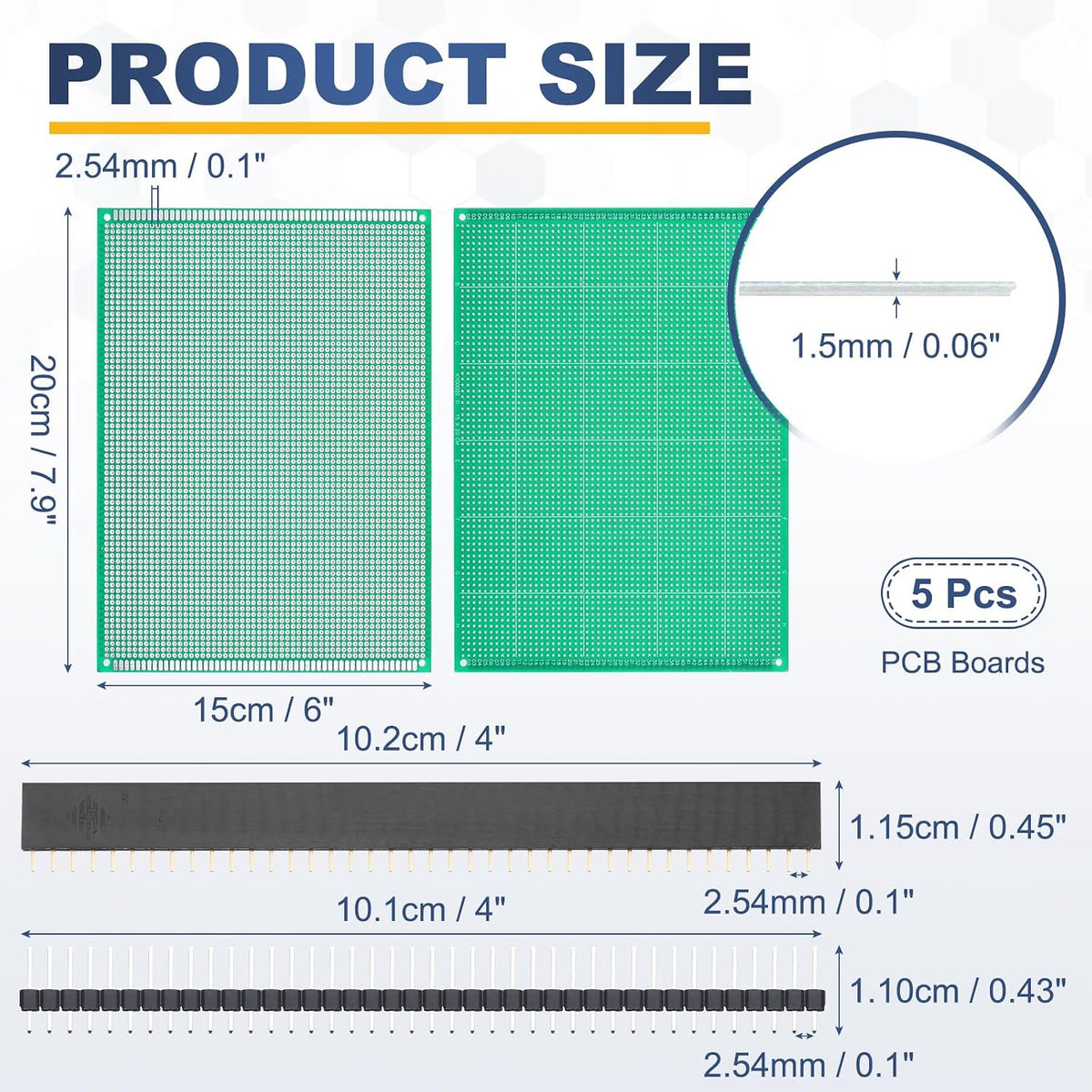 5Pcs 20x15cm PCB Prototype Board w 40-Pin Headers, Green