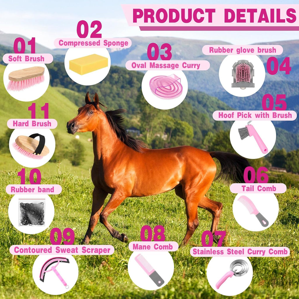 12 Pieces Horse Grooming Kit Equine Care Brushes, Pink and Grey