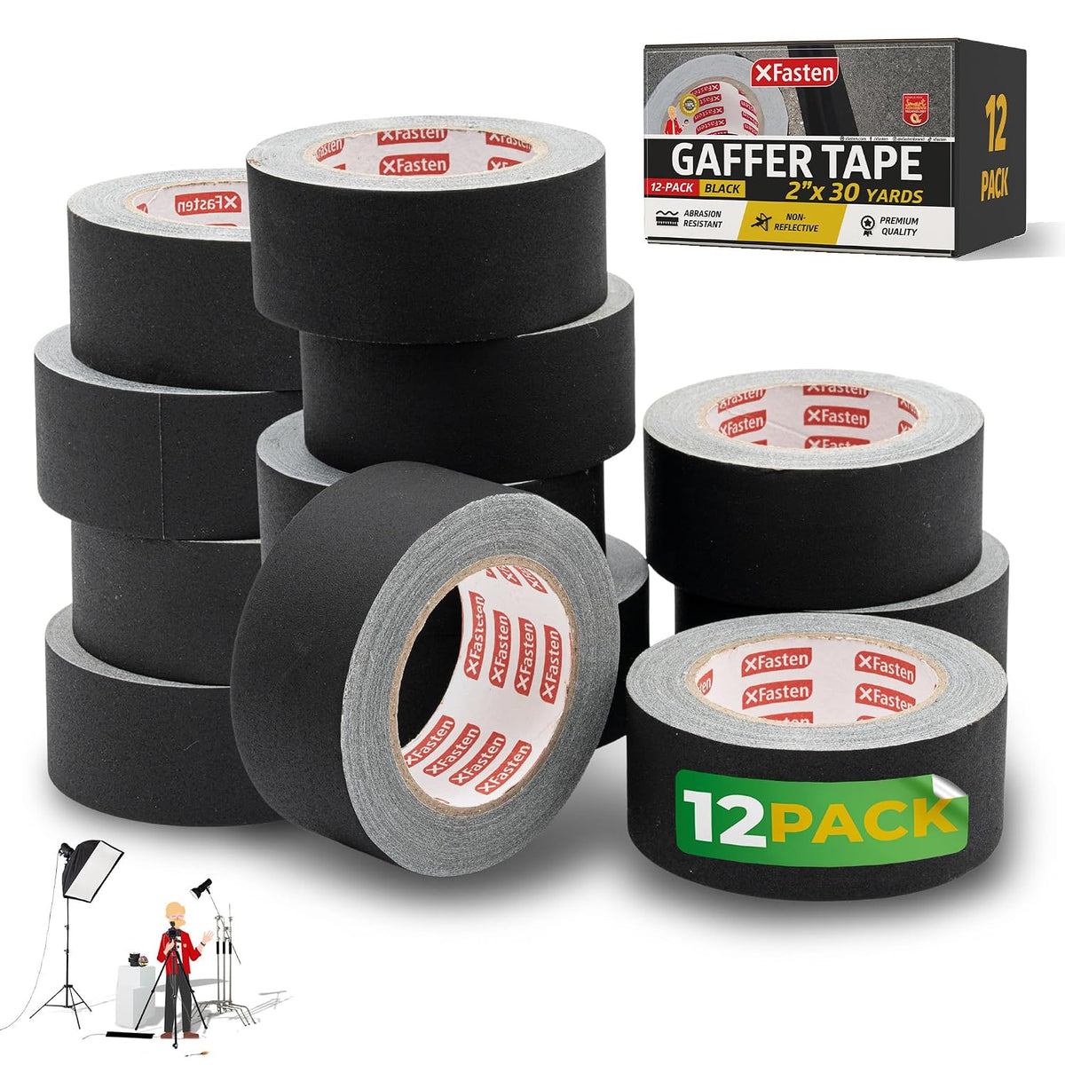 Black Gaffers Tape 2 Inch x 30 Yards (12-Pack, 1080ft), Residue-Free Matte Black Gaffer Tape 2 Inch Non-Reflective