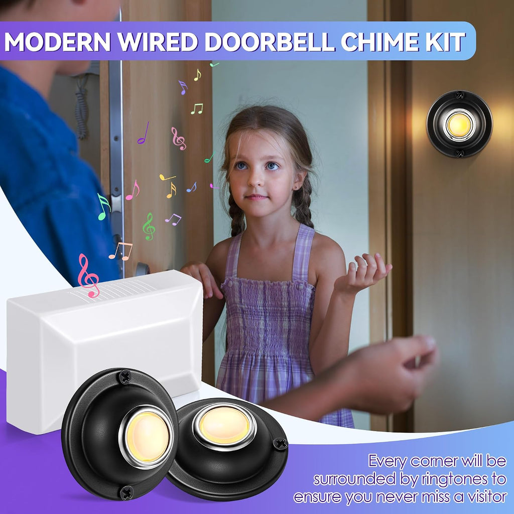 Wired Doorbell Chime Kit, 2 Pack Black Round Metal Doorbell Buttons with Chime Box for Front and Rear Doors, 2 Sounds