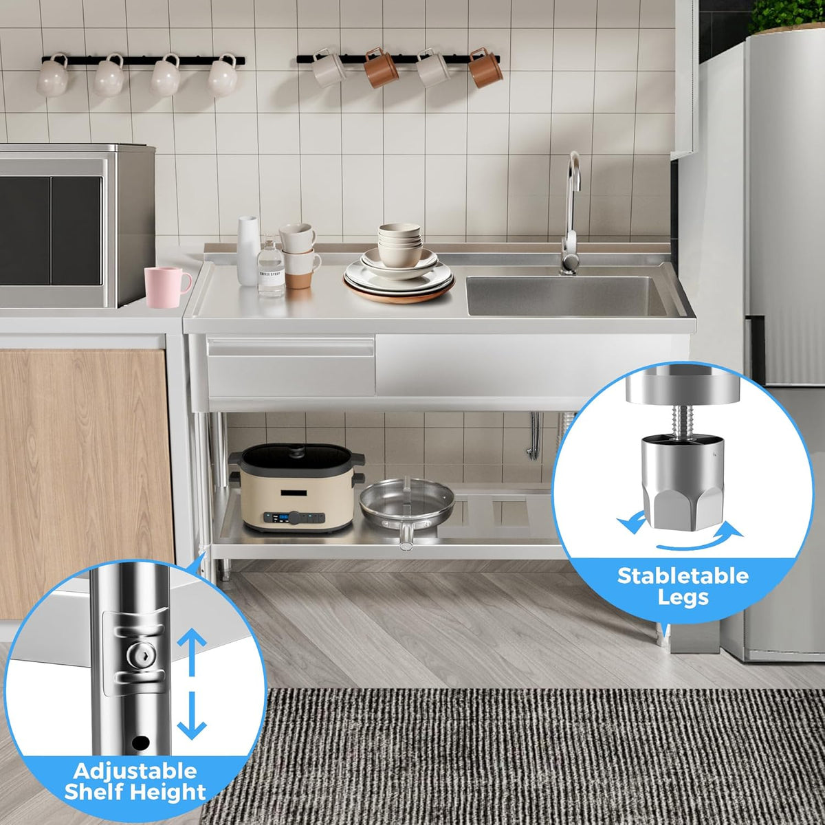 304 Stainless Steel Utility Sink – Free Standing Single Bowl with Workbench, Storage Drawer & Faucet, Hot and Cold
