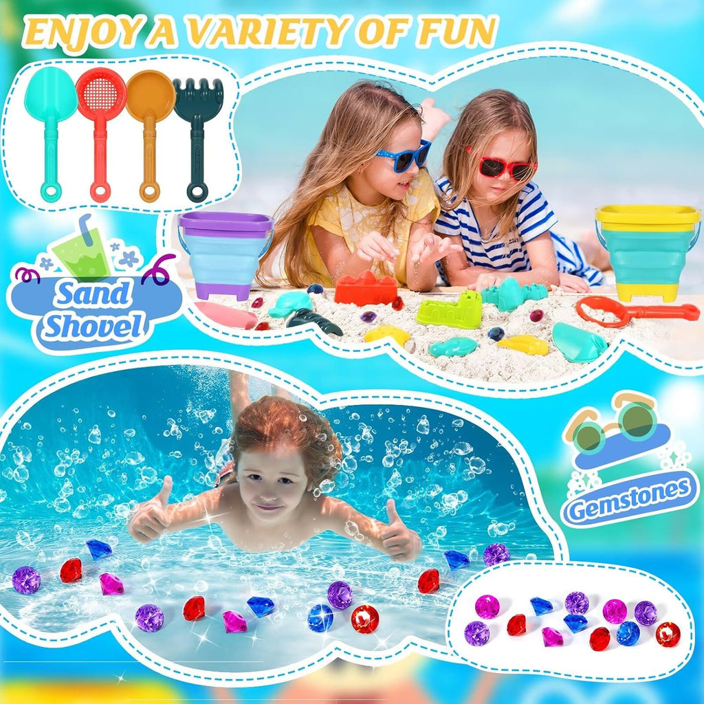 Beach Sand Toys Set,Travel Sand Toys Beach Essentials for Kids Age 3-10 | Sand Castle Building Kit with 2 Collapsible