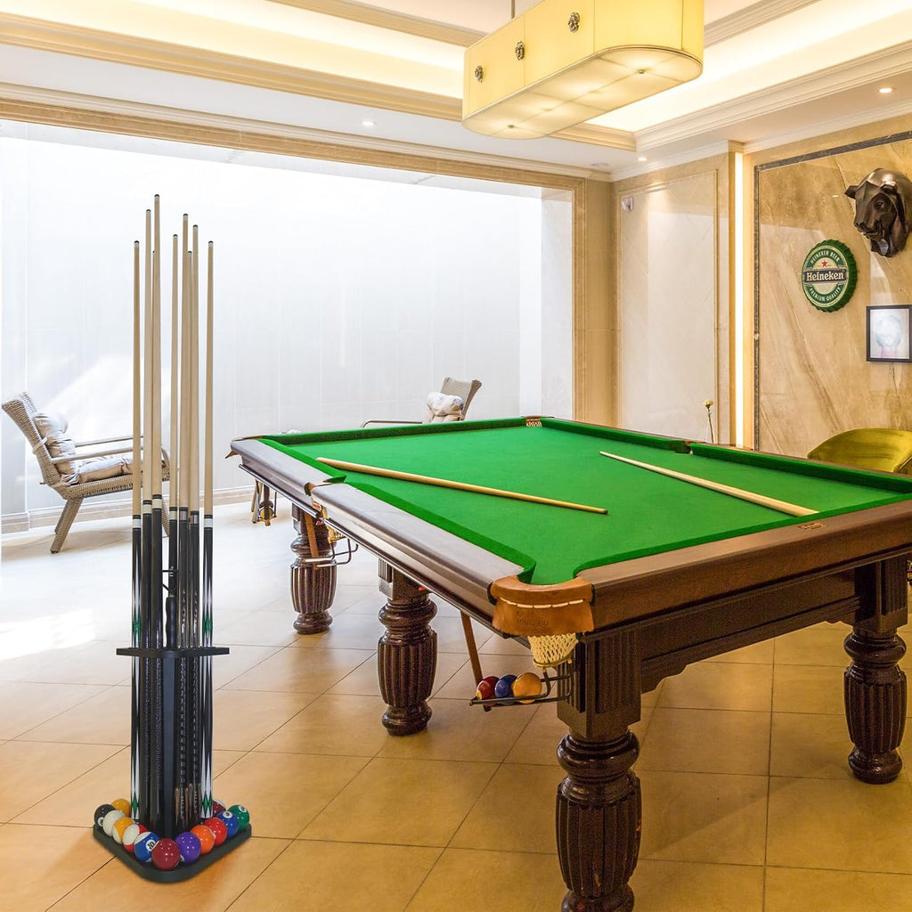 Pool Cue Rack Floor Stand | Wood Billiard Stick Holder & Game Room Organizer | Holds 9 Cues, Full Ball Set &