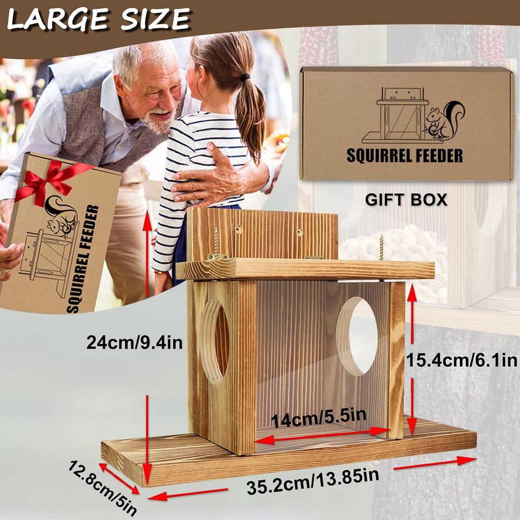 Carbonized Wood Squirrel Feeder, Squirrel Feeders for Outside Winter, Durable Squrrill House Box Easy to Fill with